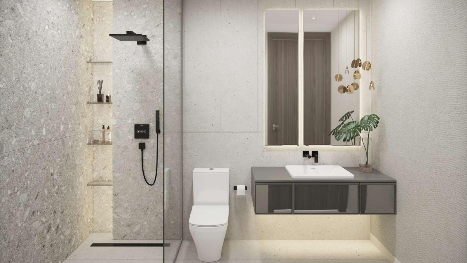 Baño moderno con acabados en mármol y herrajes mate