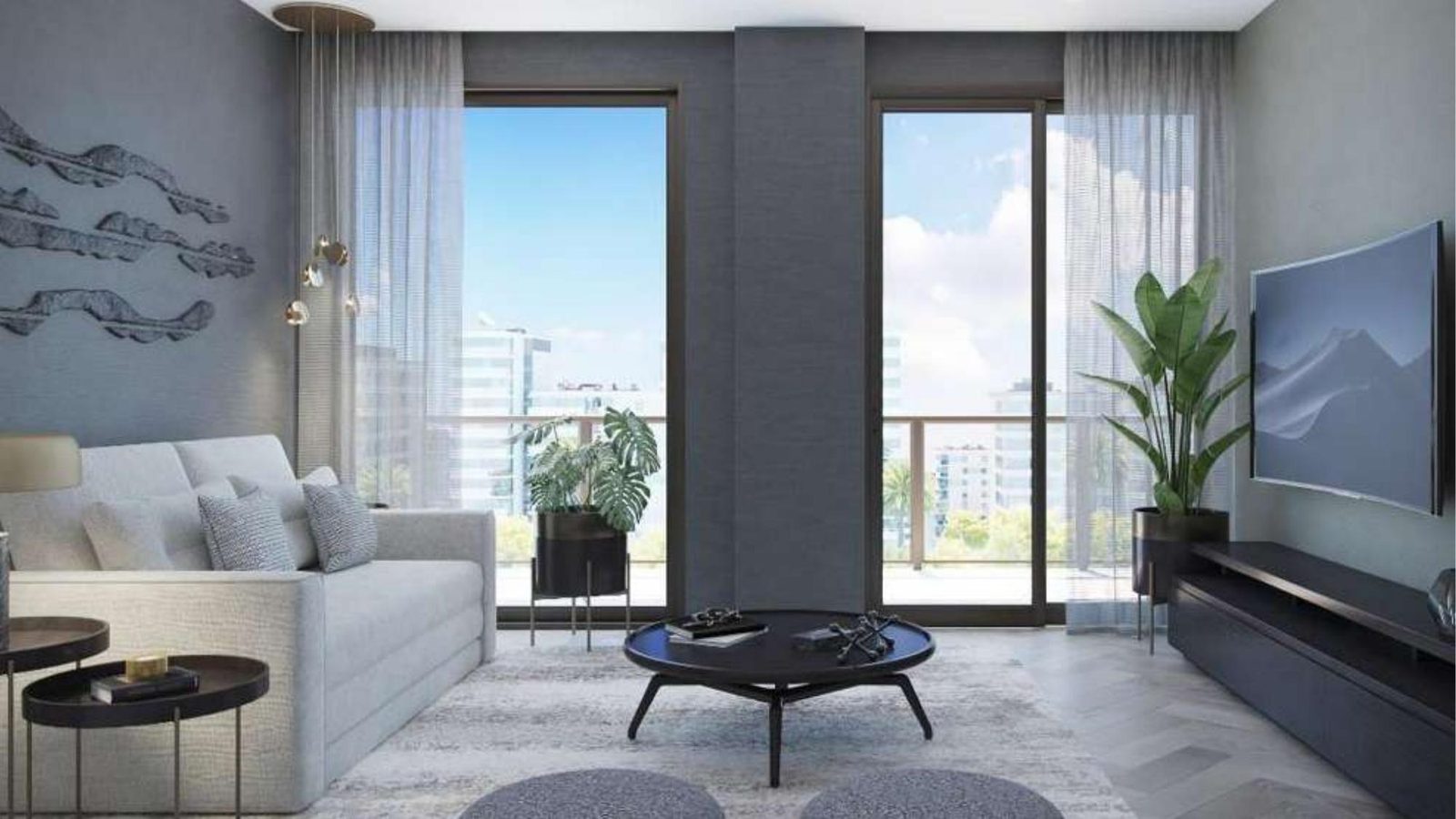 Sala de estar con ventanas de piso a techo y vista a Brickell